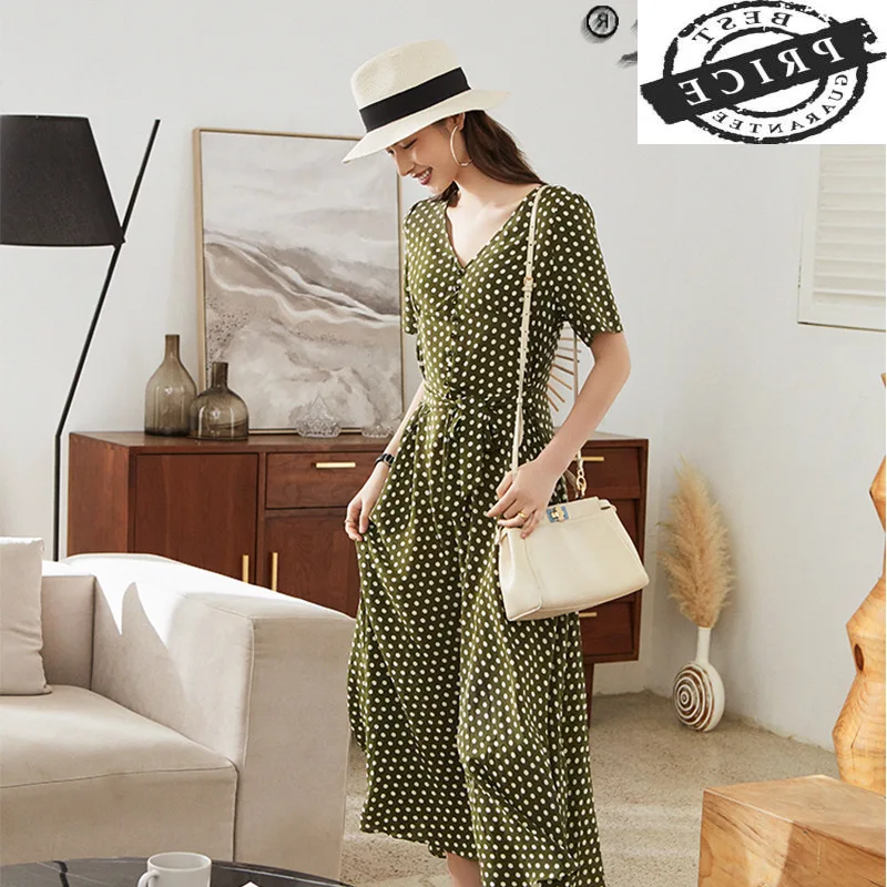 2021 Summer Dress Elegant 100% Silk Dress Female Short Sleeve Dresses for Women Polka-dot Midi Clothes Vestido De Mujer 5
2021 Summer Dress Elegant 100% Silk Dress Female Short Sleeve Dresses for Women Polka-dot Midi Clothes Vestido De Mujer 5