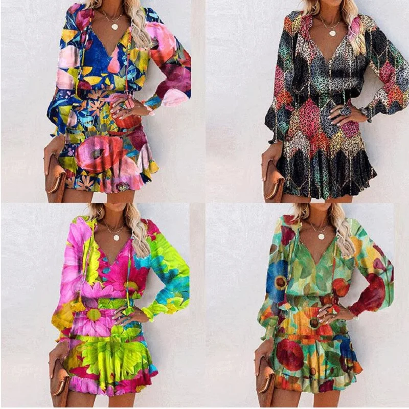 Fashion Vintage Colorful Floral Print Party Dress Women Spring Summer Elegant V-Neck Drawstring Ruffle Mini Dresses Casual Dress
Fashion Vintage Colorful Floral Print Party Dress Women Spring Summer Elegant V-Neck Drawstring Ruffle Mini Dresses Casual Dress