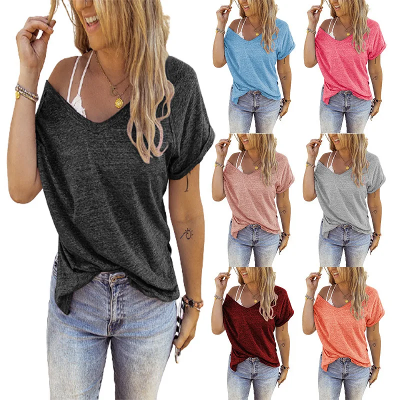 tshirt women 2021 Fashion Womens Summer V-neck Solid Color Short-sleeved Loose T-shirt Top camisetas de mujer
tshirt women 2021 Fashion Womens Summer V-neck Solid Color Short-sleeved Loose T-shirt Top camisetas de mujer