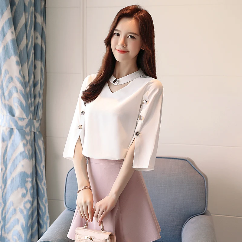 Women Blouse Ladies Tops Chiffon Blouse Beading Solid White Shirt Blouse Clothes Shirts Three Quarter V-Neck
Women Blouse Ladies Tops Chiffon Blouse Beading Solid White Shirt Blouse Clothes Shirts Three Quarter V-Neck