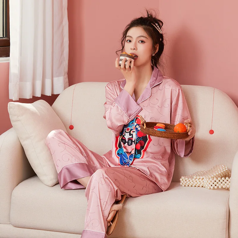 Beijing Opera Cartoon Print 2PCS Pajamas Set Women Satin Home Wear Spring Autumn New Sleepwear Turn-down Collar Loose Nightwear
Beijing Opera Cartoon Print 2PCS Pajamas Set Women Satin Home Wear Spring Autumn New Sleepwear Turn-down Collar Loose Nightwear