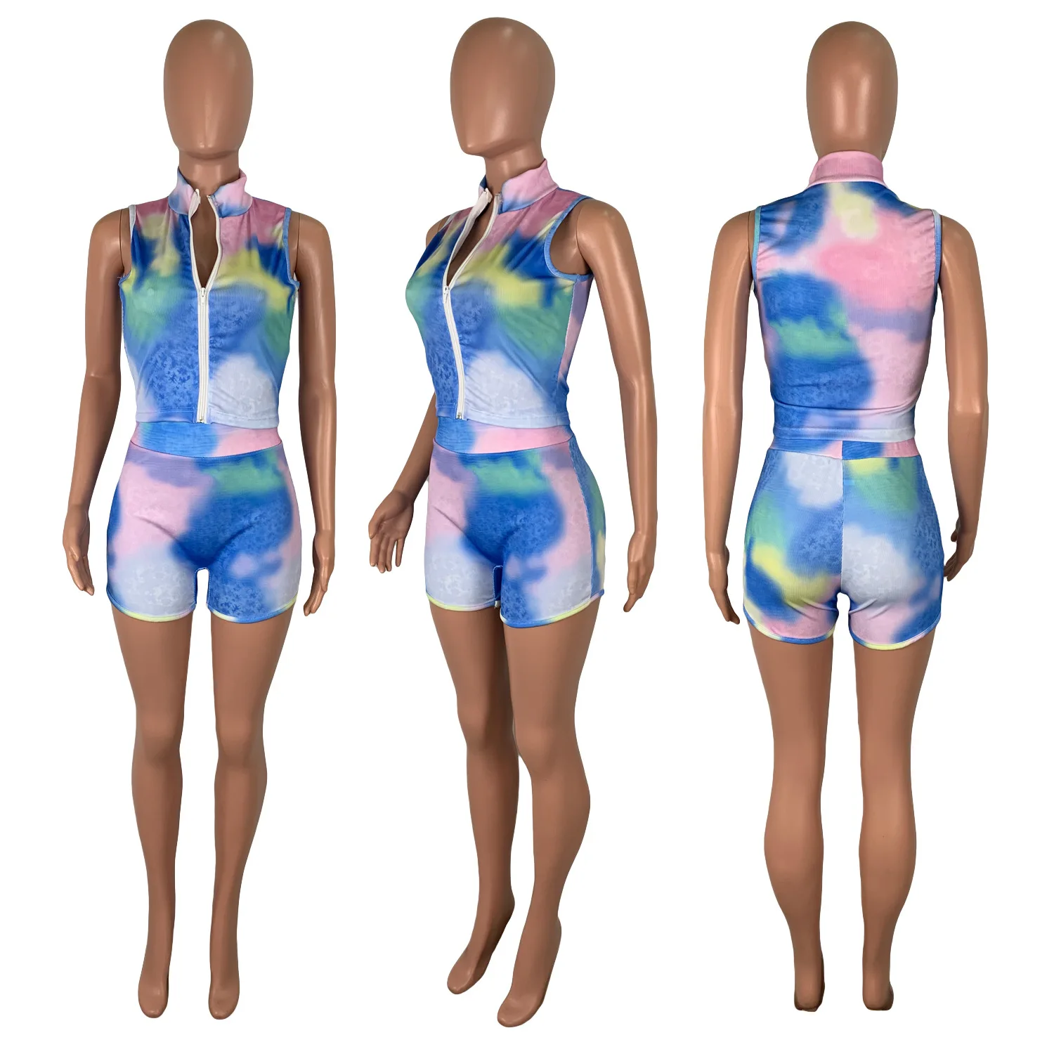 Tie Dye Print Sleeveless Zipper Crop Tops & Biker Shorts Summer Women Suit Hot Style European and American 2 Piece Set
Tie Dye Print Sleeveless Zipper Crop Tops & Biker Shorts Summer Women Suit Hot Style European and American 2 Piece Set