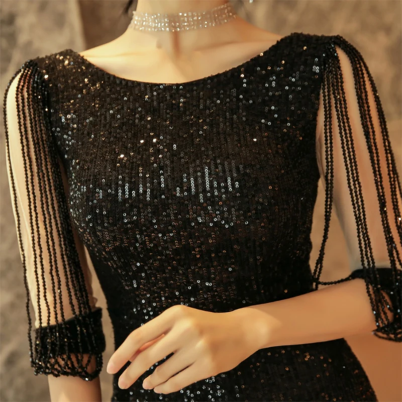 Black Evening Dresses O-Neck Half Sleeves Sequins Mermaid Ankle-length Simpe Tassel Plus size Customized Woman Formal Dress C102
Black Evening Dresses O-Neck Half Sleeves Sequins Mermaid Ankle-length Simpe Tassel Plus size Customized Woman Formal Dress C102