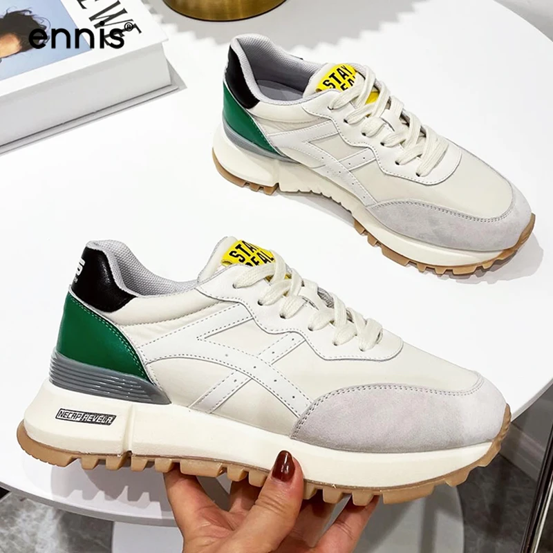 

ENNIS New Women's Fashion Sneakers Suede Leather Lace Up Ladies Running Shoes Spring 2021 Thick Bottom Casual Shoes Light Y101