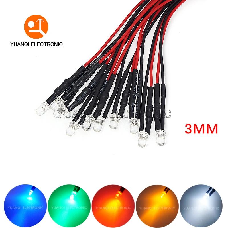 

10PCS 3mm LED 5-12V 20cm Pre-wired White Red Green Blue Yellow UV RGB Diode Lamp Decoration Light Emitting Diodes Pre-soldered