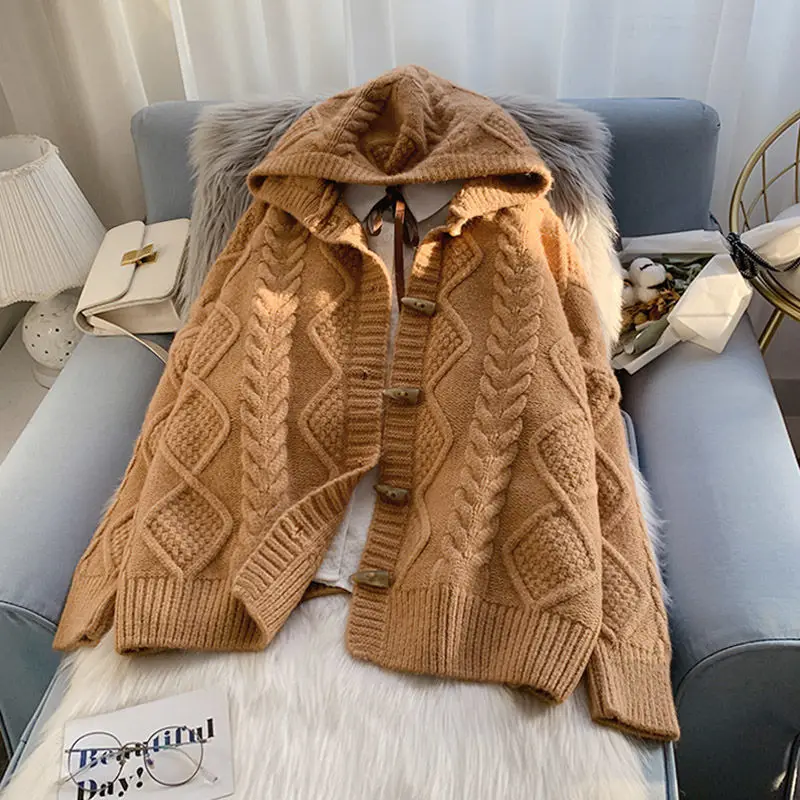 Hooded twist sweater jacket women's loose size 2021 autumn and winter new loose casual thick lantern sleeve knitted cardigan
Hooded twist sweater jacket women's loose size 2021 autumn and winter new loose casual thick lantern sleeve knitted cardigan