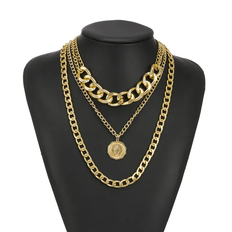 

Pendant Necklace For Women Punk Gold Portrait Coin Cuban Multilayered Chunky Thick Chain Choker Necklaces Jewelry