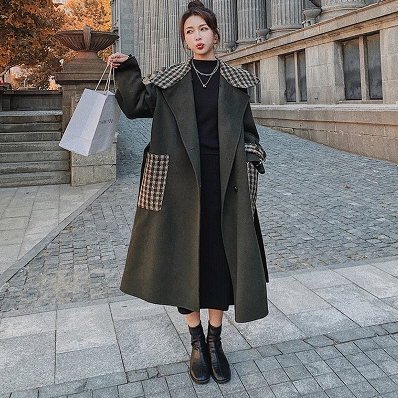 Winter Women's Jacket Long Dark Green Stand-up Collar Plaid Stitching Woolen Coat Female Korean Casual New Fashion Ladies Cloak
Winter Women's Jacket Long Dark Green Stand-up Collar Plaid Stitching Woolen Coat Female Korean Casual New Fashion Ladies Cloak