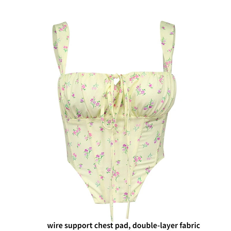 Women Sweet Floral Print Sexy Crop Top Summer Sleeveless Bustier Corset Hollow Up Ruched Boning Tank Top Casual Streetwear 
Women Sweet Floral Print Sexy Crop Top Summer Sleeveless Bustier Corset Hollow Up Ruched Boning Tank Top Casual Streetwear