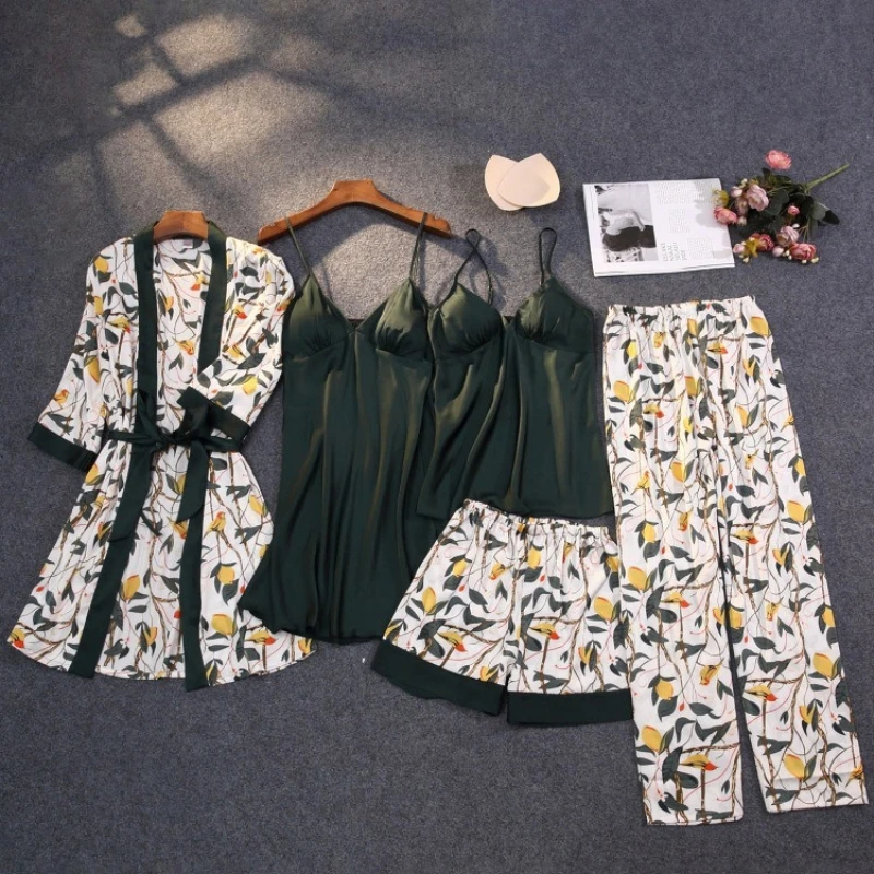 QUBILAH Spring and summer feminine ice silk pajamas five-piece long-sleeved nightgown suspenders chest pad nightdress trousers
QUBILAH Spring and summer feminine ice silk pajamas five-piece long-sleeved nightgown suspenders chest pad nightdress trousers