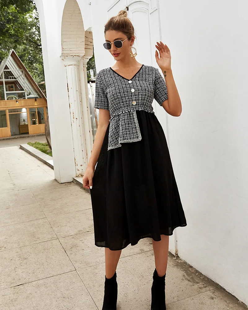 Spring Summer Fashion Women Plaid Dress Asymmetric Buttons Short Sleeve V-Neck Stitching Dress Mid-Calf Commuter Clothing
Spring Summer Fashion Women Plaid Dress Asymmetric Buttons Short Sleeve V-Neck Stitching Dress Mid-Calf Commuter Clothing