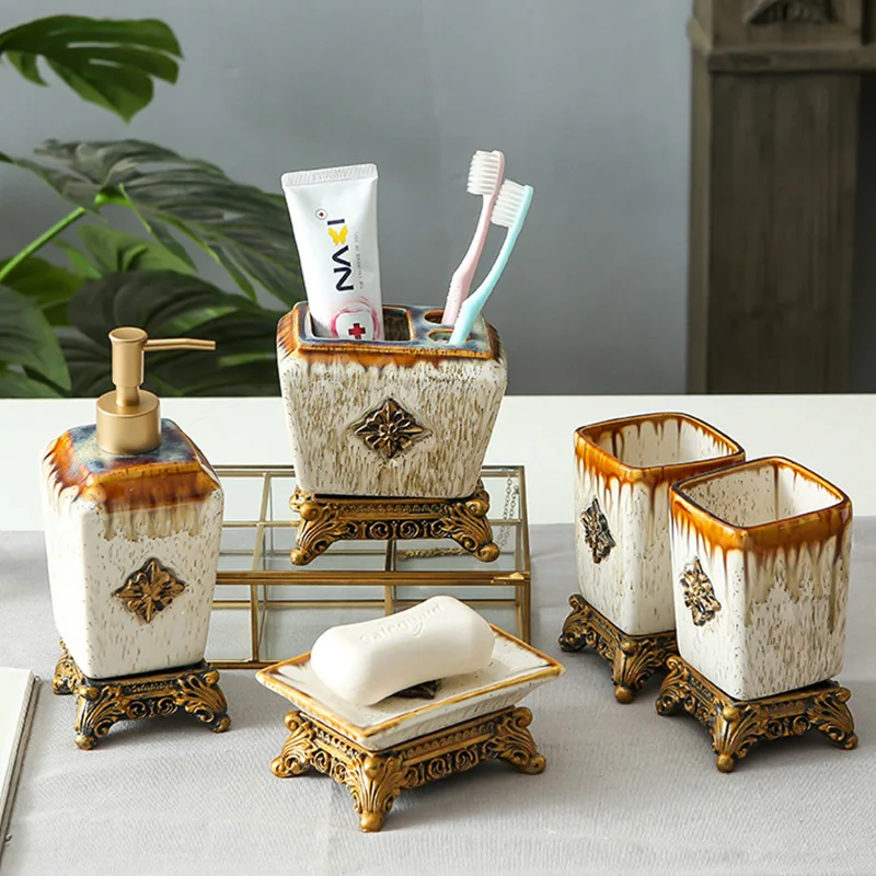 European Style Bathroom Cleaning Supplies Set Lotion Bottle Soap Dish Toothbrush Holder Gargle Cup Home Ceramics Decorative
European Style Bathroom Cleaning Supplies Set Lotion Bottle Soap Dish Toothbrush Holder Gargle Cup Home Ceramics Decorative