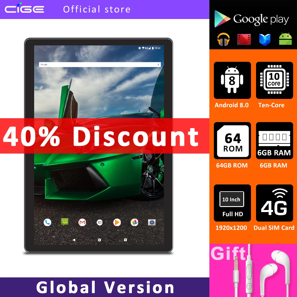 

CIGE 10 Inch Tablet PC Android 8.0 6GB RAM 64GB ROM 10-Core 1920x1200 FHD Tablets 5G WiFi 4G LTE Phone Call Bluetooth GPS 10.1