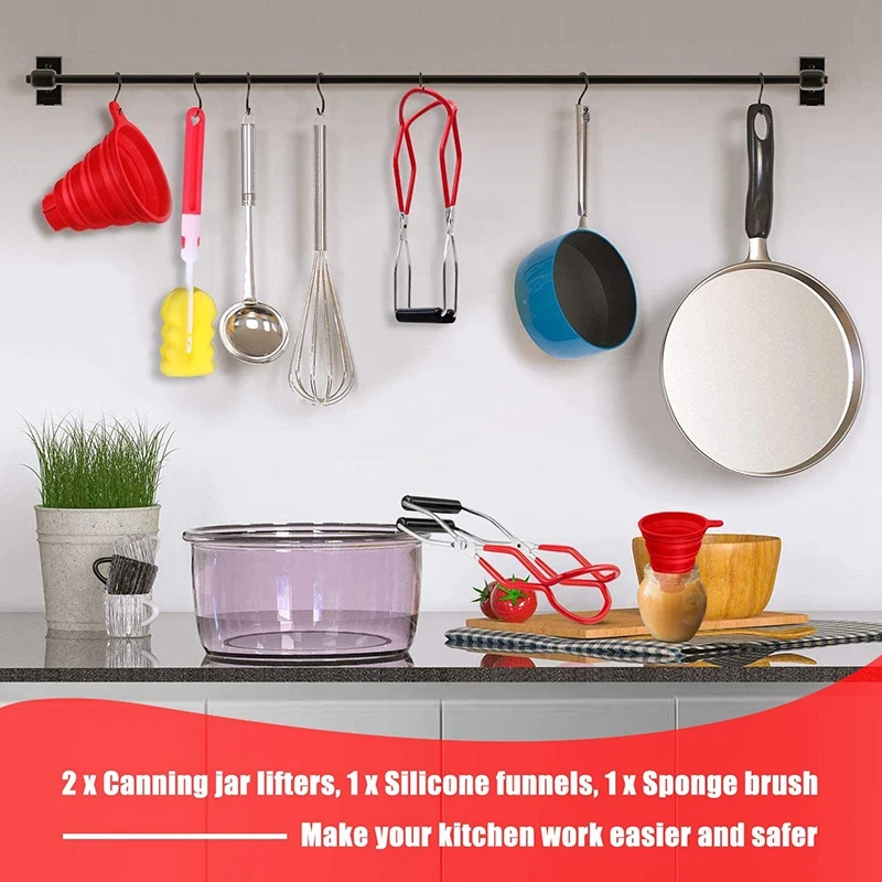 2Pcs Canning Jar Lifter Tongs and Silicone Collapsible Funnel , Anti-Slip Wide-Mouth Clip Jar Lifter with Sponge Brush 
2Pcs Canning Jar Lifter Tongs and Silicone Collapsible Funnel , Anti-Slip Wide-Mouth Clip Jar Lifter with Sponge Brush