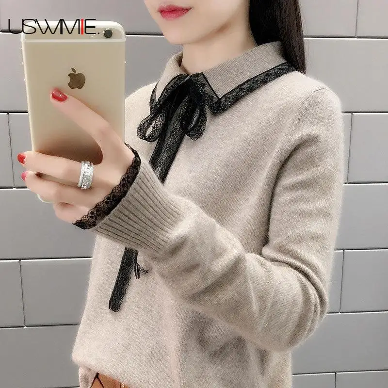 

2020 Winter Women Sweater Fashion Sweet Turn-down Collar Long Sleeve Solid Color Streetwear Thin Section Bottoming Pullovers