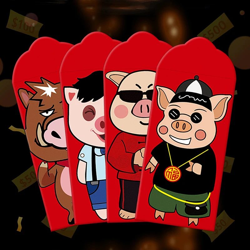 6Pcs Cartoon Pig Patterns New Year Red Envelope Lucky Money Chinese Style Paper Envelops Gift | Канцтовары для офиса и дома