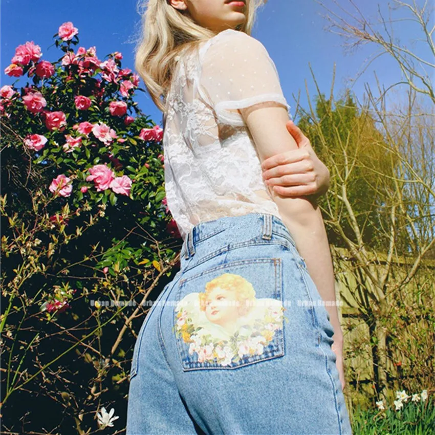 European and America Retro denim loose Mom jeans y2k pants pocket Angel print baby blue high waisted pants women pantalon
European and America Retro denim loose Mom jeans y2k pants pocket Angel print baby blue high waisted pants women pantalon
