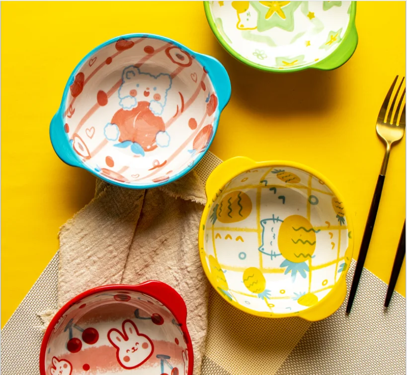 

Чаши детские для риса и супа, миска для лапши с двумя ушками, бытовая керамическая миска для супа, креативная индивидуальная посуда