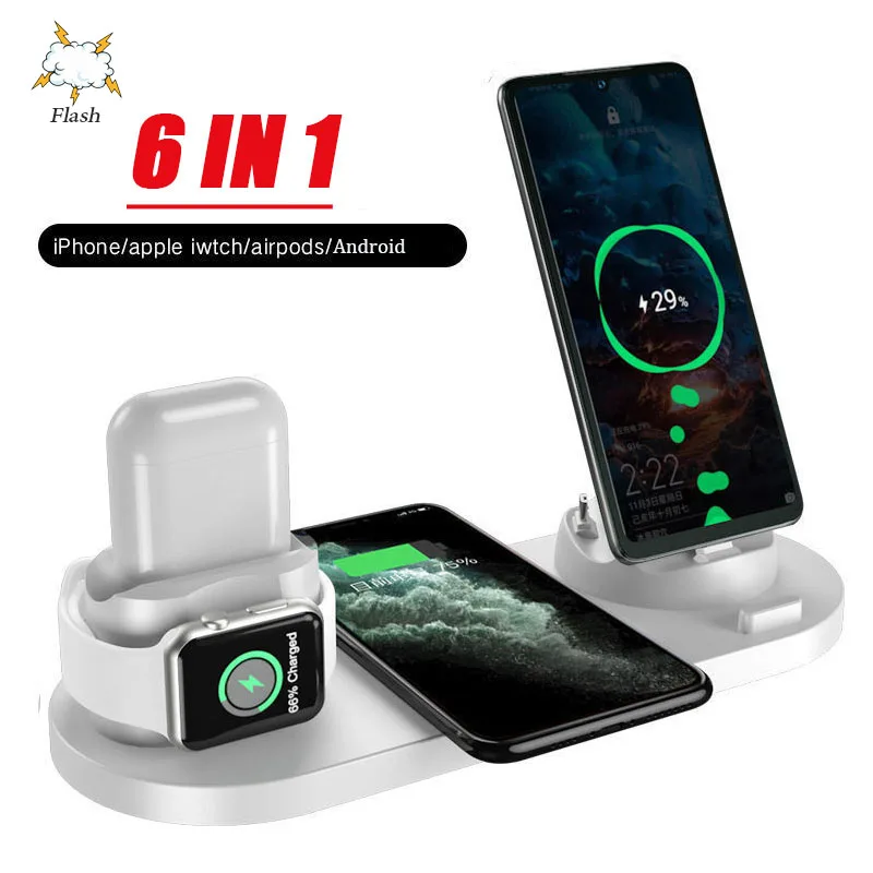 

Беспроводное зарядное устройство Qi, 10 Вт, 6 в 1, для iPhone X 11 12 Airpods, Micro USB Тип C, зарядные устройства для телефонов Apple Watch, быстрая зарядка