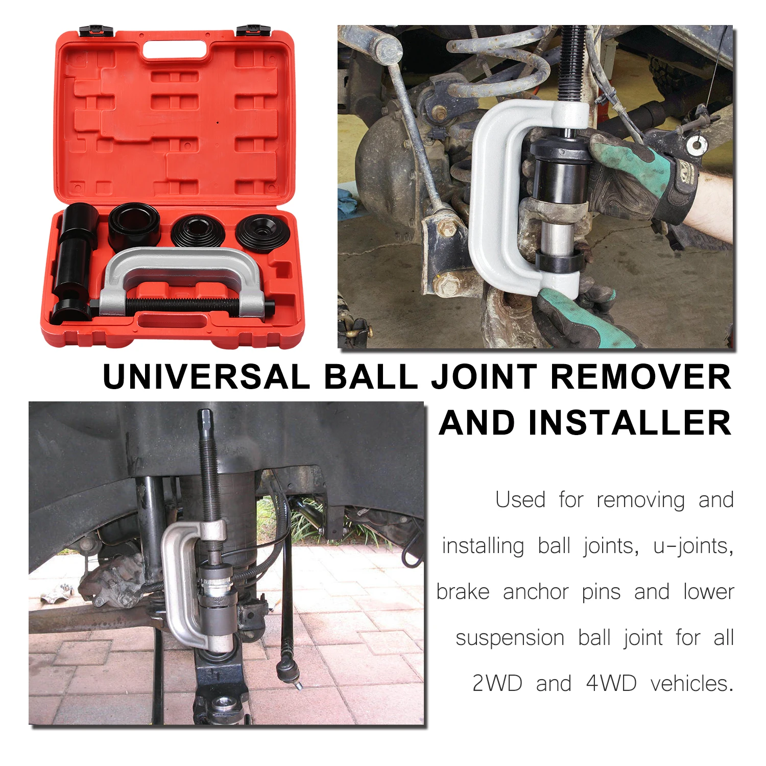 10Pcs Heavy-duty Ball Joint Press Kit U-Joint Removal Tool Brake Anchor Pin Press Lower Ball Joint Remover Installer for 2WD/4WD 
10Pcs Heavy-duty Ball Joint Press Kit U-Joint Removal Tool Brake Anchor Pin Press Lower Ball Joint Remover Installer for 2WD/4WD