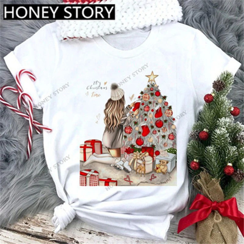 

Zomer Vintage Christmas tree fashion girls printed ladies T-shirt traf natale 90s xxxx bt21 bts T Shirts Oversized natale shein