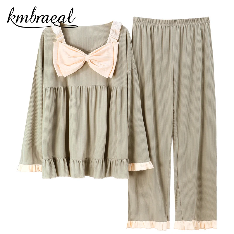Women Pajama Sets Cotton Comfortable Square Collar Bowknot Ruffle Sleepwear Female Plus Autumn Soft Loose Lovely Girl Clothing
Women Pajama Sets Cotton Comfortable Square Collar Bowknot Ruffle Sleepwear Female Plus Autumn Soft Loose Lovely Girl Clothing