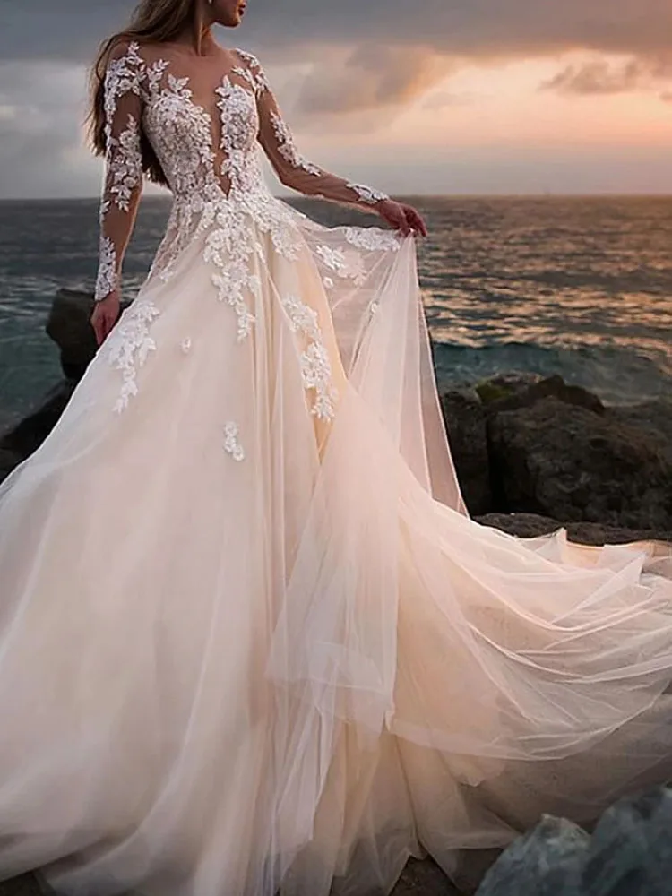 A-Line Wedding dress Court Train Lace Tulle Long Sleeve Beach Sexy See-Through with Embroidery Appliques bridal gown 2020
A-Line Wedding dress Court Train Lace Tulle Long Sleeve Beach Sexy See-Through with Embroidery Appliques bridal gown 2020