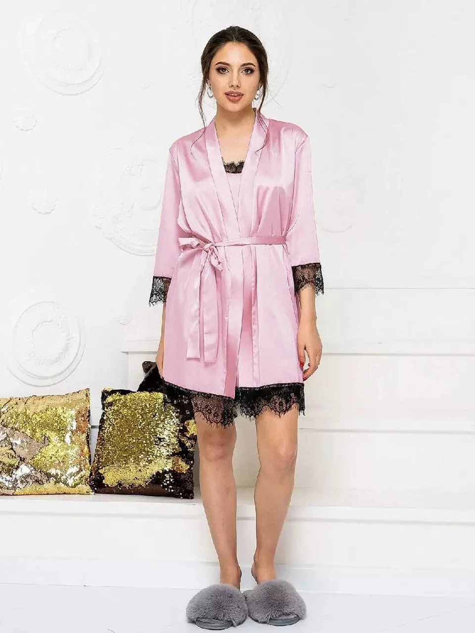 

Lace Patchwork Robe Women's Home Clothes Sexy Woman Nightie Bathrobe Female Nightgowns Lace Up Robes Pajama Sets Satin Nightwear