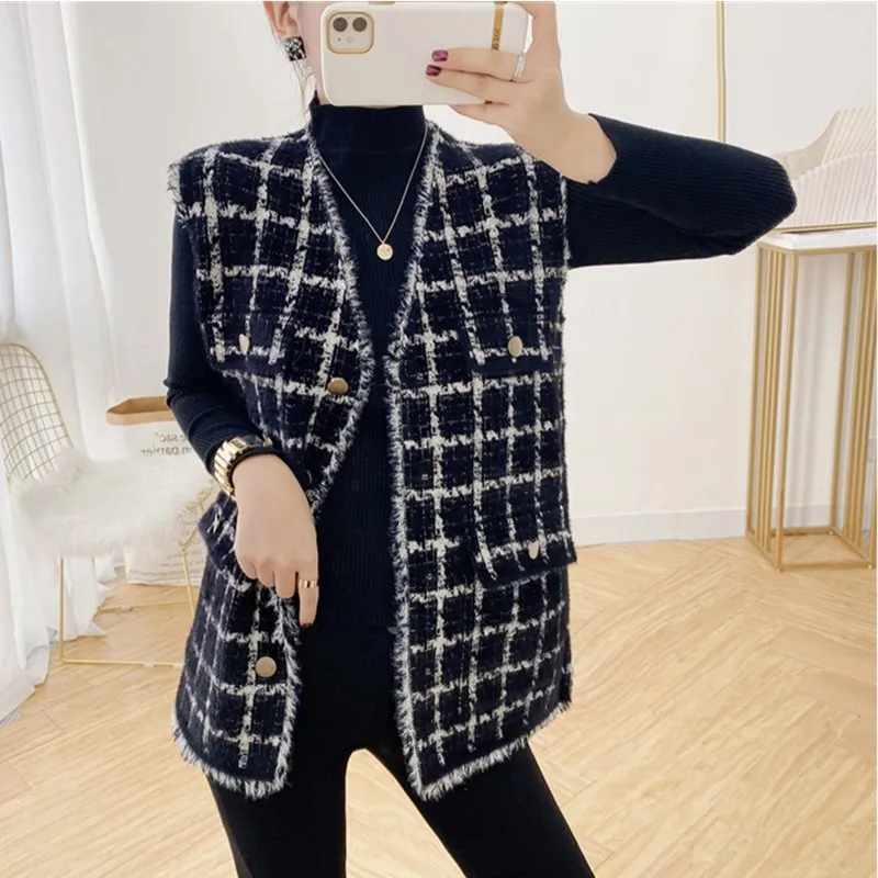 Knitting Vest Women Autumn V-neck Plaid Sweater Vest Fragrant Wind Sleeveless Knitted Cardigan Knit Top Chaleco Punto Mujer
Knitting Vest Women Autumn V-neck Plaid Sweater Vest Fragrant Wind Sleeveless Knitted Cardigan Knit Top Chaleco Punto Mujer