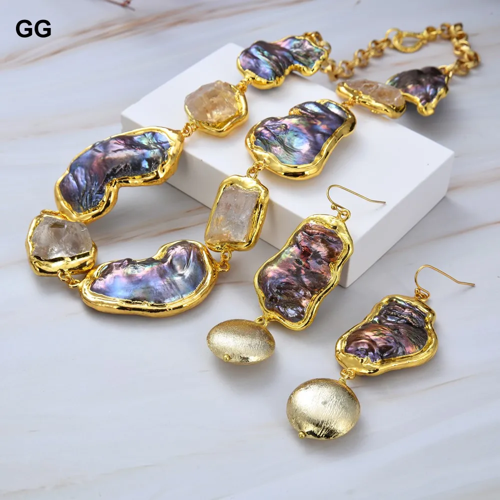 GG Jewelry Natural Baroque Black Keshi Pearl Yellow Citrines Rough Brushed Beads Gold Color Plated Necklace Earrings Set 18"
GG Jewelry Natural Baroque Black Keshi Pearl Yellow Citrines Rough Brushed Beads Gold Color Plated Necklace Earrings Set 18"