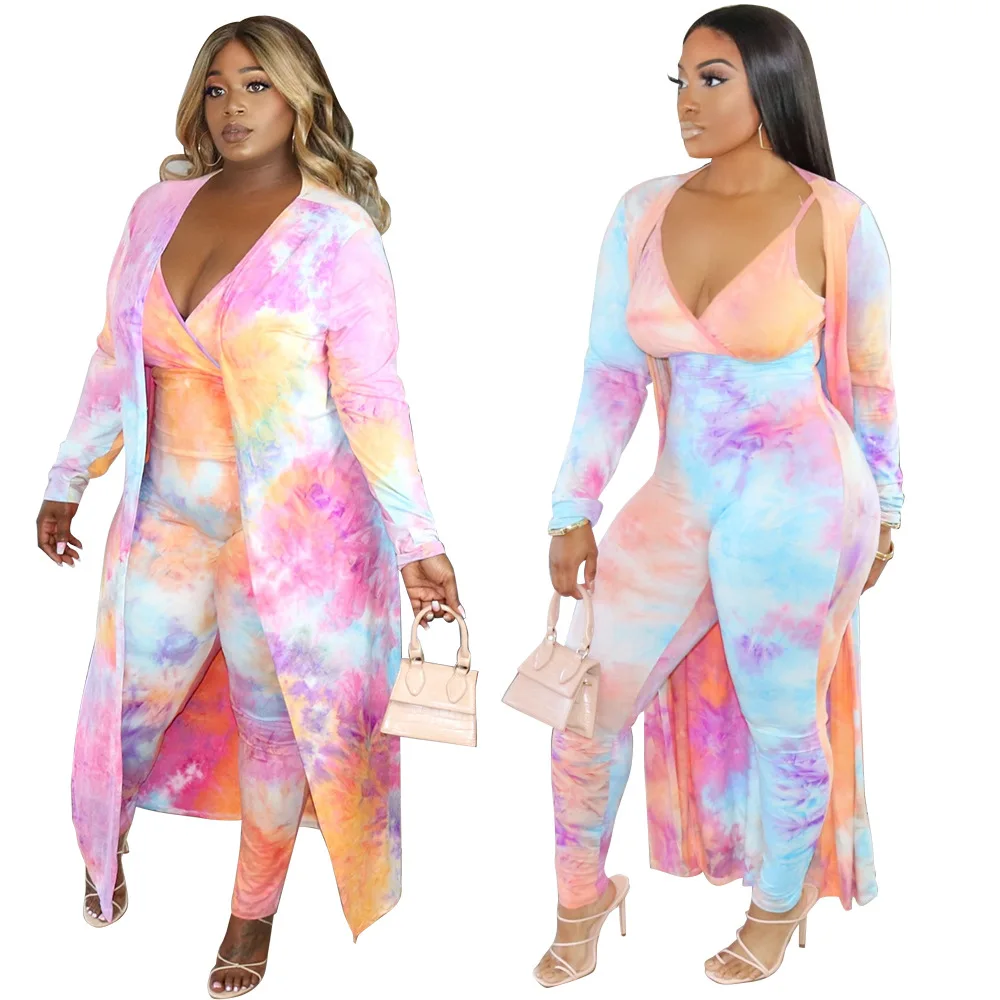 Best Selling Women Tie-Dye Printing Two Piece Sets Casual Lady's Sexy Deep V-neck Skinny Jumpsuits + Full Sleeve Cardigan Set 
Best Selling Women Tie-Dye Printing Two Piece Sets Casual Lady's Sexy Deep V-neck Skinny Jumpsuits + Full Sleeve Cardigan Set