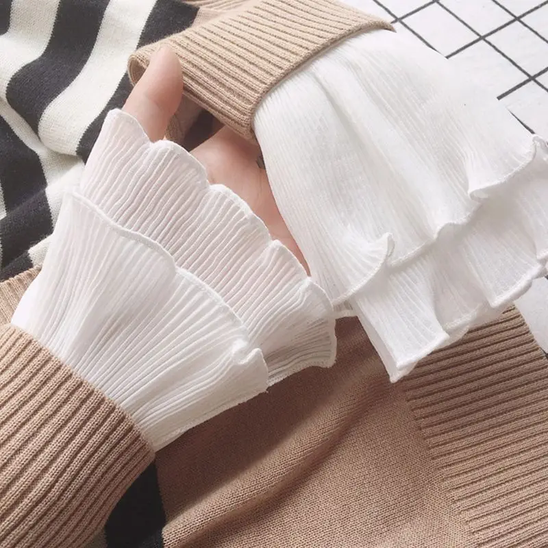 

Japanese Women Layered Ribbed Striped Horn Cuffs Agaric Ruffles Wrinkled Solid Color Detachable Fake Sleeve Wrist Warmer