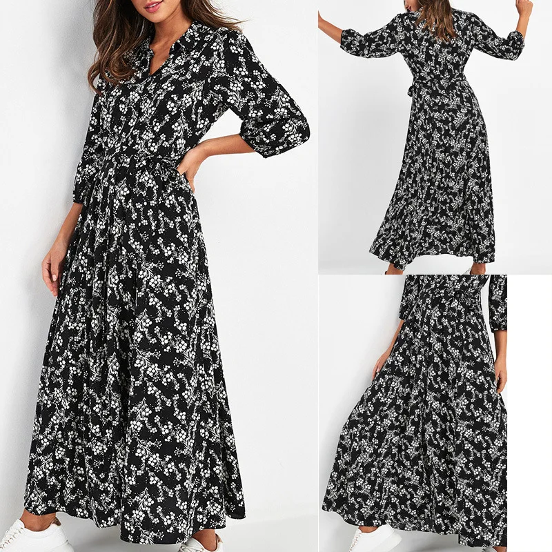 Floral Print Maxi Women Boho Three Quarter Sleeve Long Sashes Dress Turn Down Collar Casual Shirt Dresses Robe
Floral Print Maxi Women Boho Three Quarter Sleeve Long Sashes Dress Turn Down Collar Casual Shirt Dresses Robe