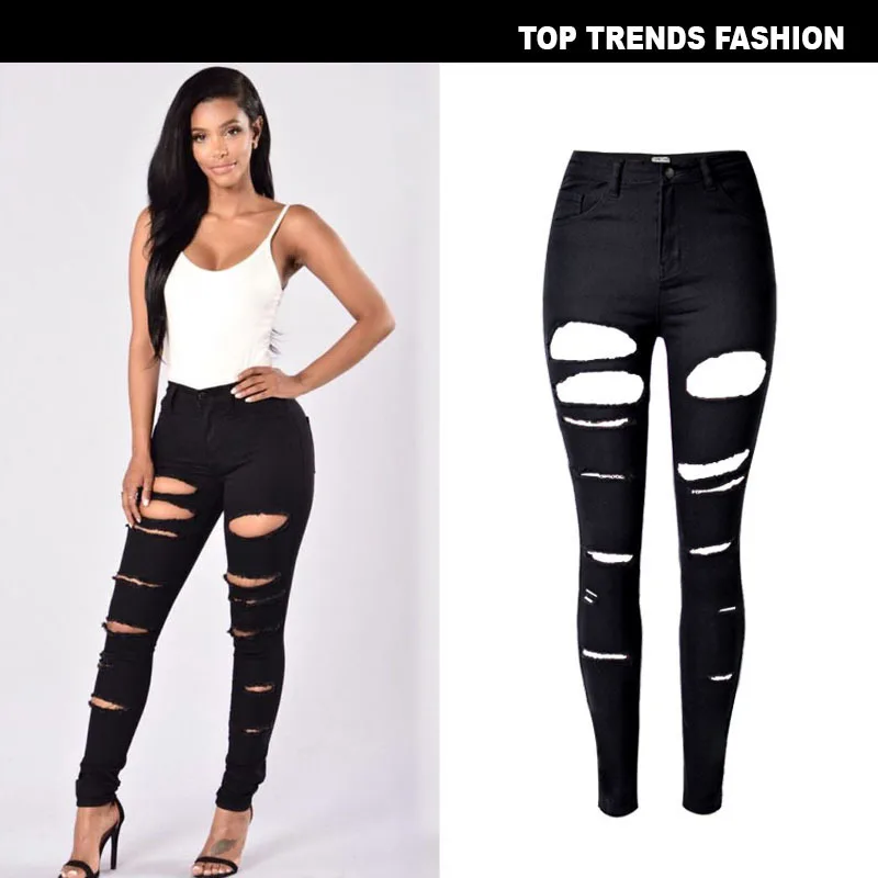 European and American stretch women's pants with high waist and large holes
European and American stretch women's pants with high waist and large holes