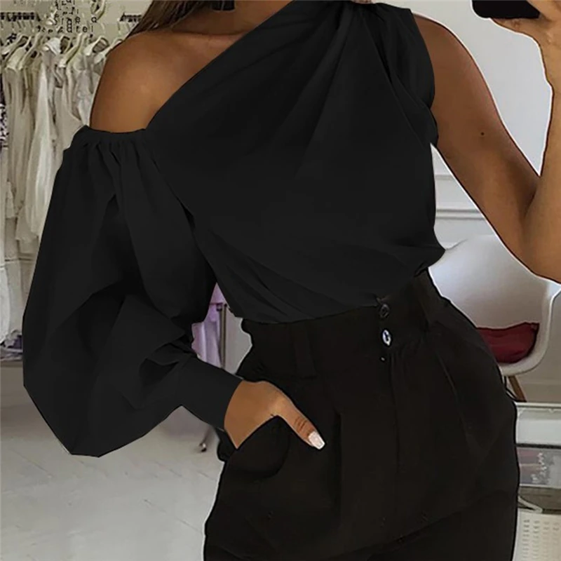 Sexy Women Lantern Sleeves Blouse Fashion One Shoulder Skew Collar Tops Streetwear Female Solid Color Shirt 
Sexy Women Lantern Sleeves Blouse Fashion One Shoulder Skew Collar Tops Streetwear Female Solid Color Shirt