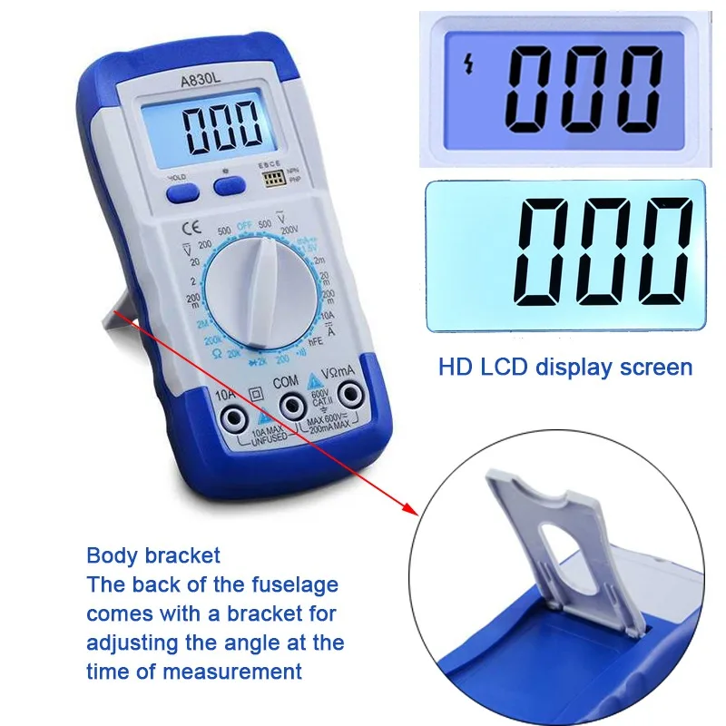 A830L LCD Digital Multimeter AC DC Voltage Diode Freguency Multitester Current Tester Luminous Display with Buzzer Function
A830L LCD Digital Multimeter AC DC Voltage Diode Freguency Multitester Current Tester Luminous Display with Buzzer Function