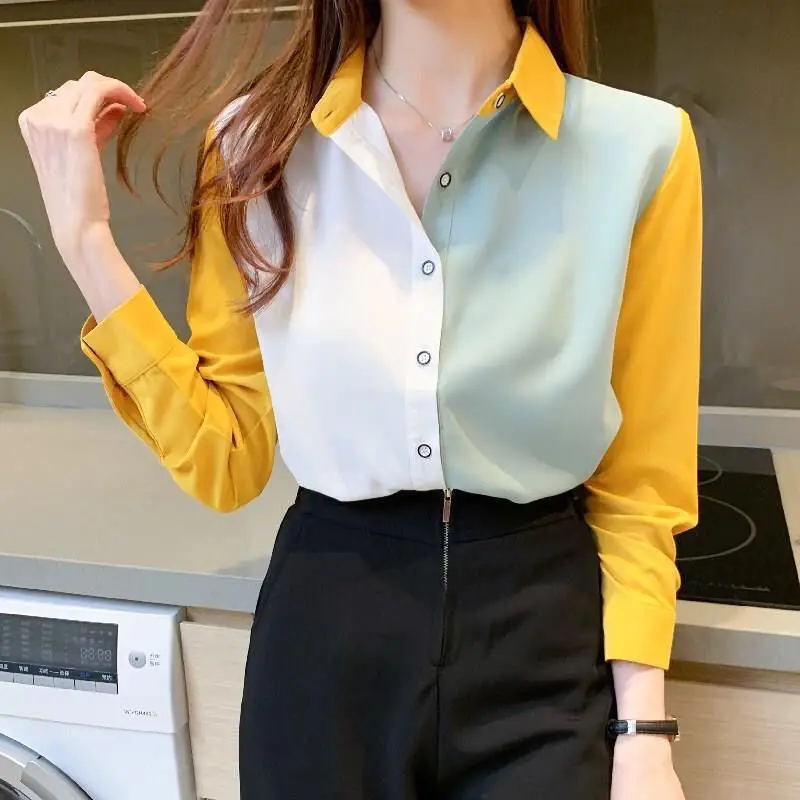 Korean Women's Versatile Long Sleeve Shirt Fashion Splicing Simple Color Cotton Chiffon Top Lady Elegant Blouses B075
Korean Women's Versatile Long Sleeve Shirt Fashion Splicing Simple Color Cotton Chiffon Top Lady Elegant Blouses B075