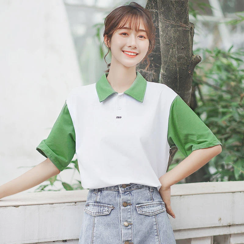 Polo Khaki Summer 2020 New Patchwork Lapel Polo Shirt Student Contrast Color Top Loose Short Sleeve T-shirt Women's Clothes
Polo Khaki Summer 2020 New Patchwork Lapel Polo Shirt Student Contrast Color Top Loose Short Sleeve T-shirt Women's Clothes