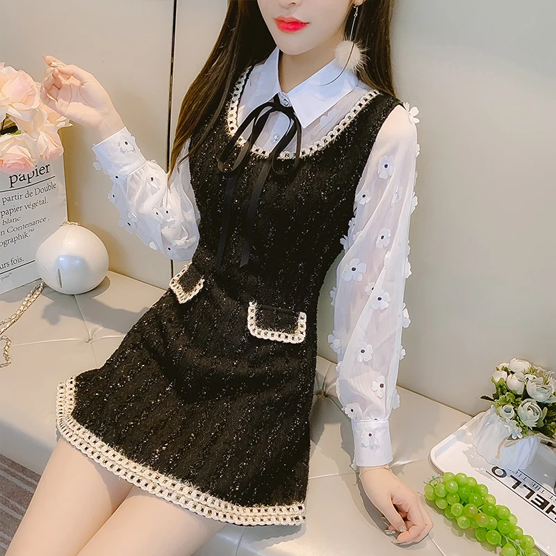 Vintage Elegant Dress Set Bow Tie Lapel Shirt Thin Blouse and Tweed Mini Strap Dress Two Piece Set Slim Outfits Ensemble Femme
Vintage Elegant Dress Set Bow Tie Lapel Shirt Thin Blouse and Tweed Mini Strap Dress Two Piece Set Slim Outfits Ensemble Femme