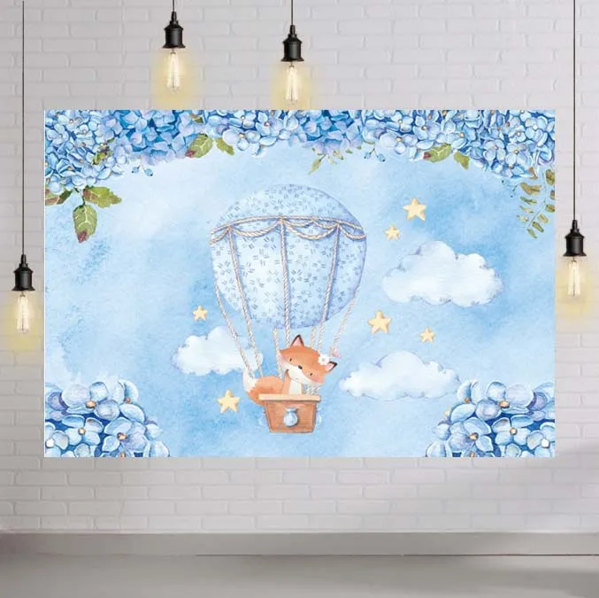 Hot Air Balloon Photography Backdrop Clouds Fox Animals Blue Hydrangea Birthday Baby Shower Newborn Party Background
Hot Air Balloon Photography Backdrop Clouds Fox Animals Blue Hydrangea Birthday Baby Shower Newborn Party Background