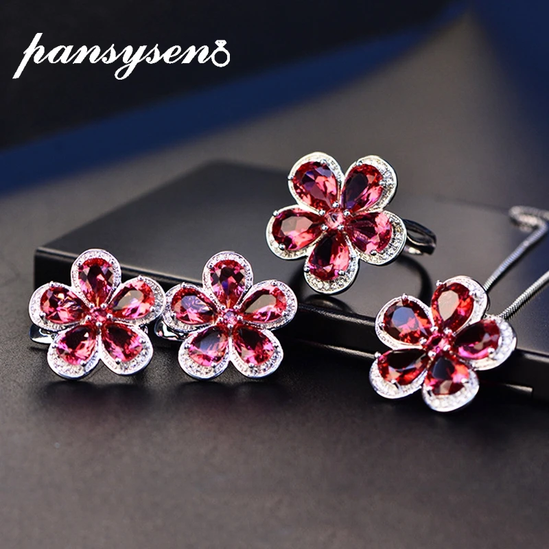 PANSYSEN Classic Flower S925 Silver Party Jewelry Sets For Women Red Ruby Gemstone Wedding Pendant Necklace Earrings Ring Sets
PANSYSEN Classic Flower S925 Silver Party Jewelry Sets For Women Red Ruby Gemstone Wedding Pendant Necklace Earrings Ring Sets