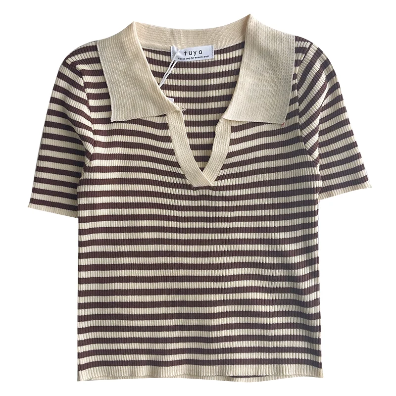 Летняя облегающая короткая полосатая трикотажная футболка с отложным воротником и коротким рукавом
Летняя облегающая короткая полосатая трикотажная футболка с отложным воротником и коротким рукавом