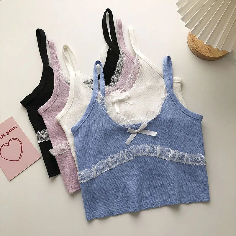 

Knitted Laced Cropped Tops Camis Sexy Ribbed Spaghetti Tank Cami Sleeveless Female Solid Halter Ropa De Mujer Korean Fashion
