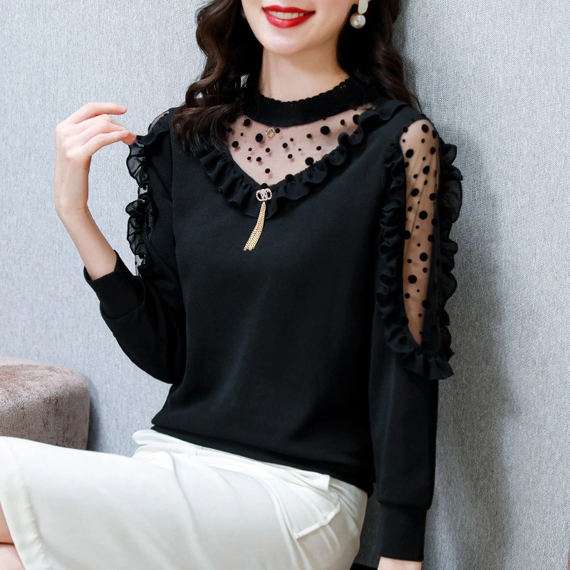 Women's spring new women's fashion mesh stitching knitted bottoming shirt women's long-sleeved loose top
Women's spring new women's fashion mesh stitching knitted bottoming shirt women's long-sleeved loose top