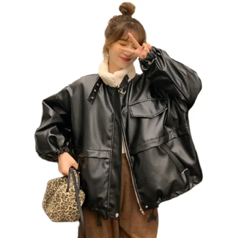 New Women Winter Black Faux Leather Jackets Keep Warm Basic Coat Turn-down Collar Motor Biker Jacket
New Women Winter Black Faux Leather Jackets Keep Warm Basic Coat Turn-down Collar Motor Biker Jacket