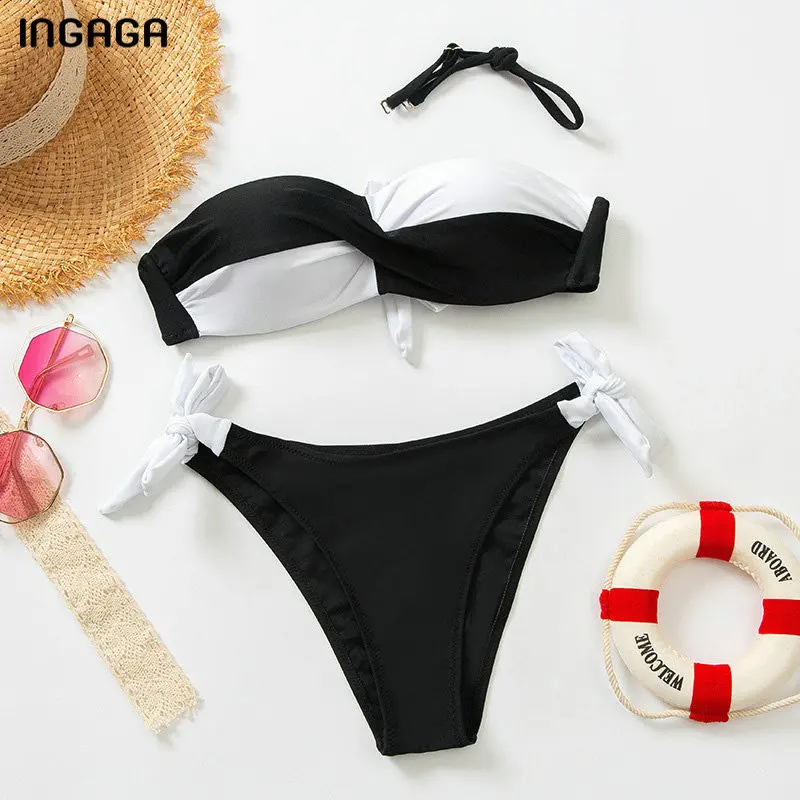 

INGAGA Bandeau Bikinis Sexy Push Up Women's Swimsuits Patchwork Swimwear 2021 New Strap Bathing Suits Summer Ruched Bikini Set