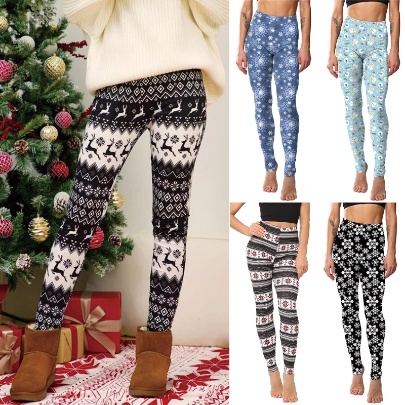 

Snowflake Elk Print Slim Christmas Leggings Women Reindeer Snowman Stretchy Long Pants Happy Xmas High Waist Ugly Tights Trouser