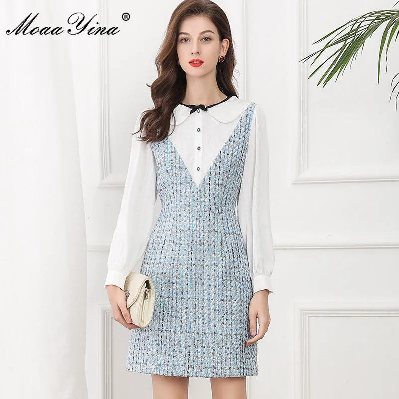 MoaaYina Fashion Designer dress Spring Women Dress Peter pan Collar Long sleeve Blue Tweed Patchwork Casual Elegant Dress
MoaaYina Fashion Designer dress Spring Women Dress Peter pan Collar Long sleeve Blue Tweed Patchwork Casual Elegant Dress