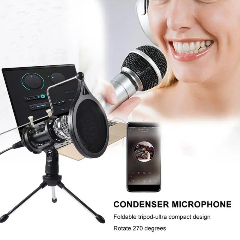 1Set USB Computer Microphone Phone Condenser Mic with Acoustic Filter Stand Holder for Broadcast Online Chatting | Электроника