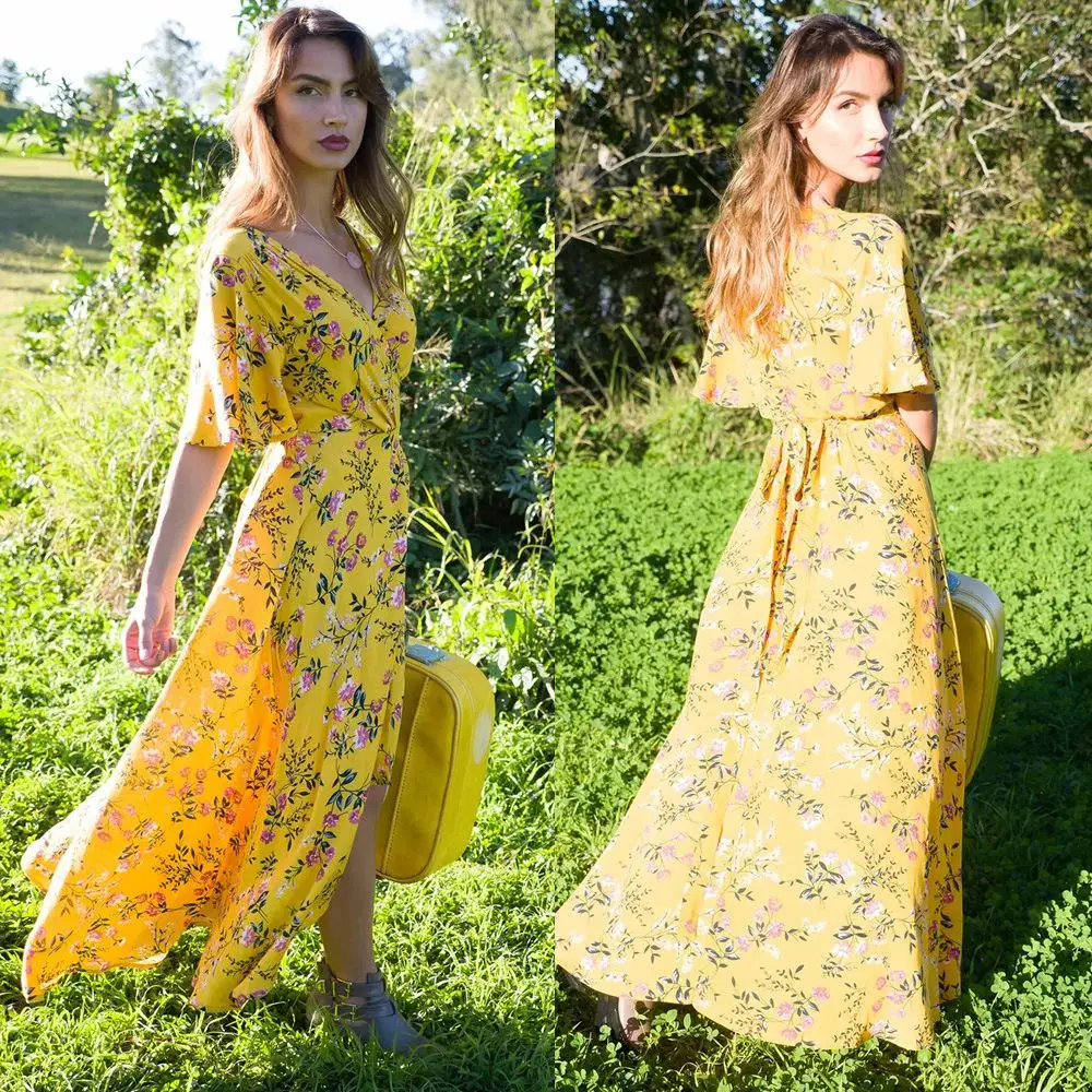 Rayon positioning bell sleeve long dress sexyVCollar lace-up short sleeve printed dress 
Rayon positioning bell sleeve long dress sexyVCollar lace-up short sleeve printed dress